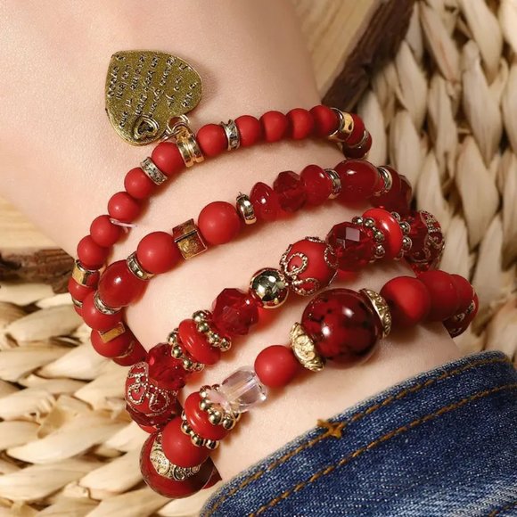 New 4pc Red Stone Boho Bracelet Set - Picture 10 of 17